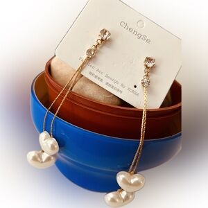 ChengSe Faux Pearl Double Heart Pendant Drop Dangle Fashion Earrings 2.75"